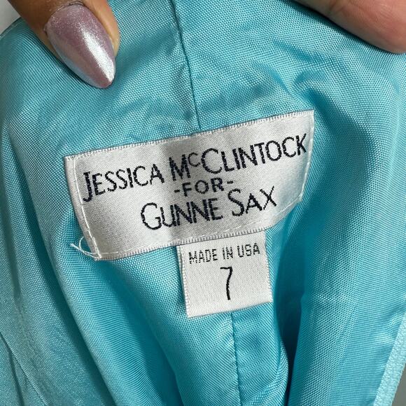 Vintage Gunne Sax Jessica McClintock Satin Babydoll Dress Sz 7 Blue Y2K Prom - Picture 13 of 14